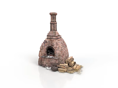 Rustic Brick Oven With Stacked Wood Logs And Chimney Structure 3d model