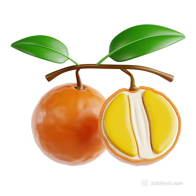 Fresh Whole Orange Fruit Cut Open Showing Yellow Flesh and Green Leaves on Branch 3d model 