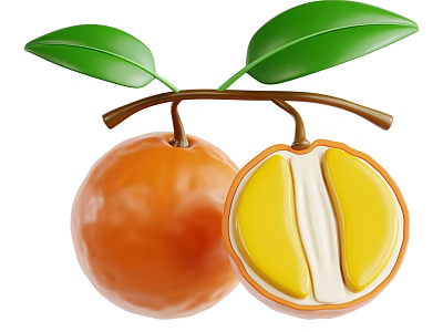 Fresh Whole Orange Fruit Cut Open Showing Yellow Flesh and Green Leaves on Branch 3d model