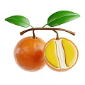 Fresh Whole Orange Fruit Cut Open Showing Yellow Flesh and Green Leaves on Branch