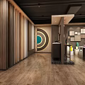 Modern Lobby Interior With Wooden Flooring Walls Circular Decor Green Plant And Bench