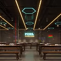Podek Restaurant Modern Interior With Hexagonal Ceiling Lights And Wooden Long Tables 3d model