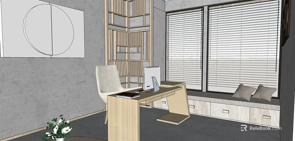 Modern Office Interior With Desk Chair Computer Bookshelf And Window Blinds 3d model