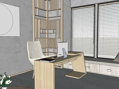 Modern Office Interior With Desk Chair Computer Bookshelf And Window Blinds 3d model