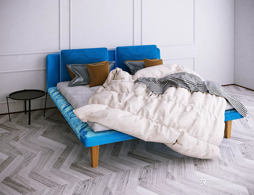 Double Bed with Blue Upholstered Headboard White Comforter Gray Brown Pillows and Black Side Table 3d model 