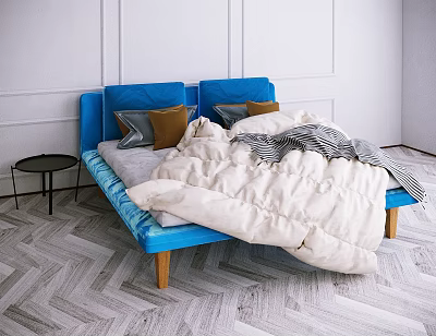 Double Bed with Blue Upholstered Headboard White Comforter Gray Brown Pillows and Black Side Table 3d model