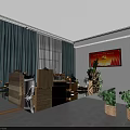 Modern Office Interior With Blue Ceiling Curtains Red Poster And Green Plants