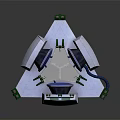 Futuristic Triangular Mechanical Device With Metallic Body Blue Components And Green Details