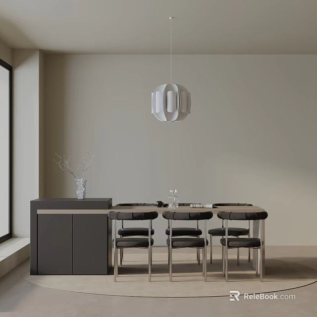 Modern Dining Table Set With Black Chairs Pendant Light And Side Cabinet With Vase 3d model 