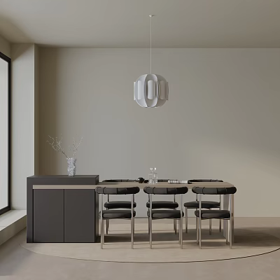 Modern Dining Table Set With Black Chairs Pendant Light And Side Cabinet With Vase 3d model