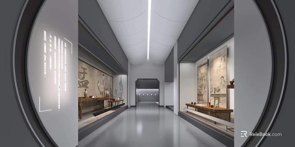 Ancient Artifacts Exhibition Hall Interior With Long Corridor Display Cabinets And Lighting 3d model 