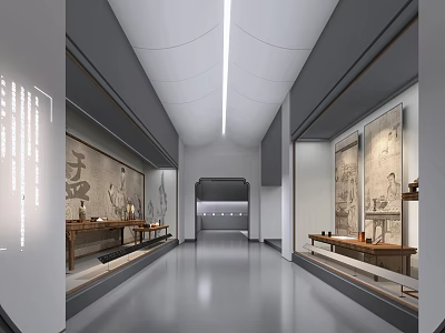Ancient Artifacts Exhibition Hall Interior With Long Corridor Display Cabinets And Lighting 3d model