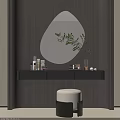 Modern Black Dressing Table with Illuminated Oval Mirror Skincare Products and Green Plant