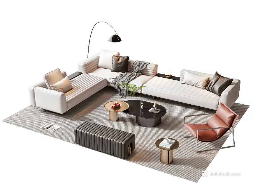 Modern Sofa And Coffee Table Set With Gray Pillows Area Rug And Accent Chair 3d model 