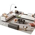 Modern Sofa And Coffee Table Set With Gray Pillows Area Rug And Accent Chair