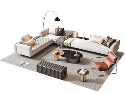 Modern Sofa And Coffee Table Set With Gray Pillows Area Rug And Accent Chair 3d model