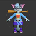 Game And Movie Character Stylish Cartoon Cat With Pink Ears Blue Coat Yellow Baseball Bat