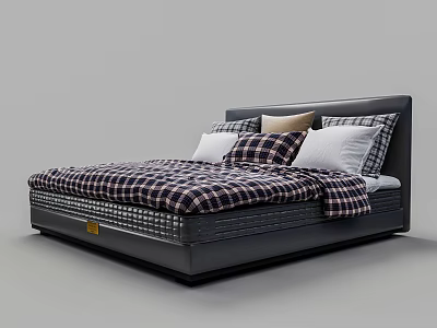 Black Leather Double Bed with Plaid Blanket White and Plaid Pillows and Beige Cushion 3d model