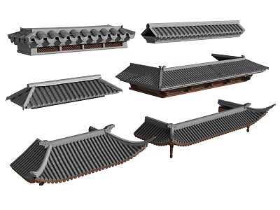 Traditional Chinese Architectural Roof Components Featuring Diverse Tile Patterns And Eave Designs 3d model