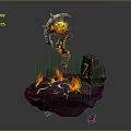 Sculpture Carving Featuring Glowing Axe Orange Yellow Elements Flames On Purple Rock Base Luminous Lines