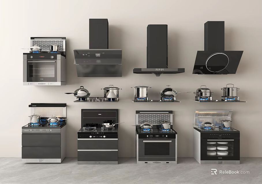 Modern Kitchen Appliances Collection Featuring Range Hoods Stoves Microwave And Pots 3d model