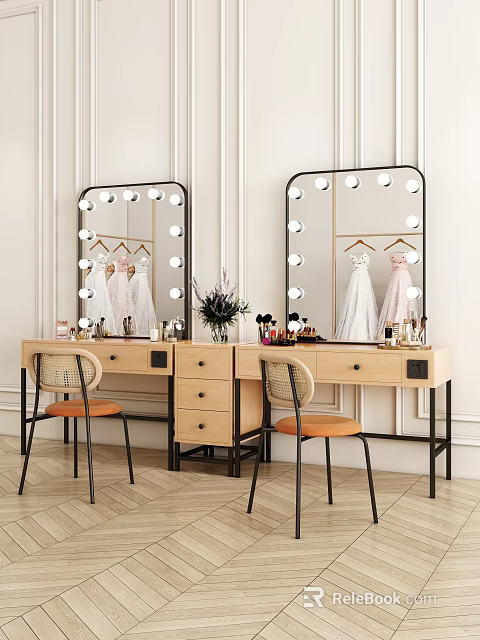 Wooden Dressing Table with Double Mirrors Light Bulbs Cosmetics and Chairs 3d model 