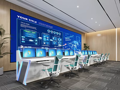 Modern Control Room with Large Digital Screen Multiple Computers Operation Console and Ergonomic Chairs 3d model