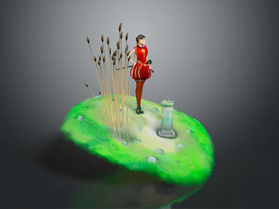 Red Clothed Woman Standing Near Reed Plants On Green Grass Island With Stone Monument 3d model