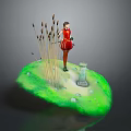 Red Clothed Woman Standing Near Reed Plants On Green Grass Island With Stone Monument