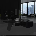 Modern Office Interior With Executive Desk Laptop Bookshelf Sofa And City View