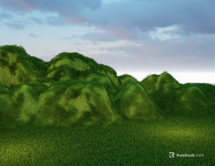 Park Landscape With Rolling Green Hills Lush Grassland And Cloudy Sky 3d model 