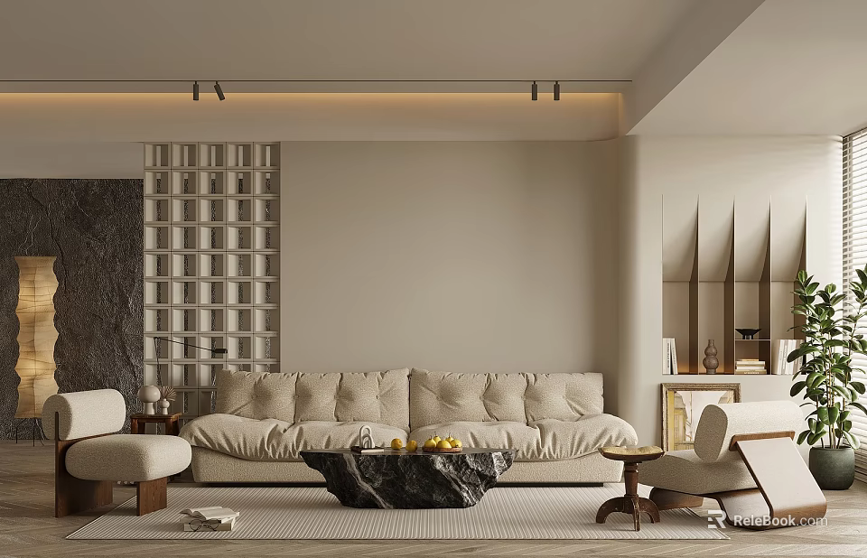 Modern Living Room Interior Design With Beige Sofa Lattice Accent Wall And Coffee Table 3d model 