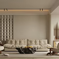 Modern Living Room Interior Design With Beige Sofa Lattice Accent Wall And Coffee Table