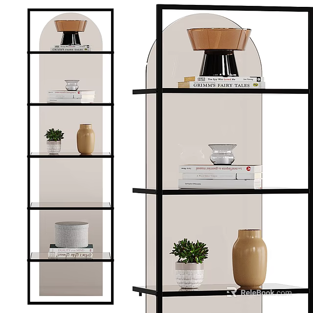 Modern Black Metal Frame Glass Shelf With Vases Books Plants And Decorations 3d model 