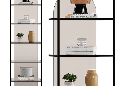 Modern Black Metal Frame Glass Shelf With Vases Books Plants And Decorations 3d model