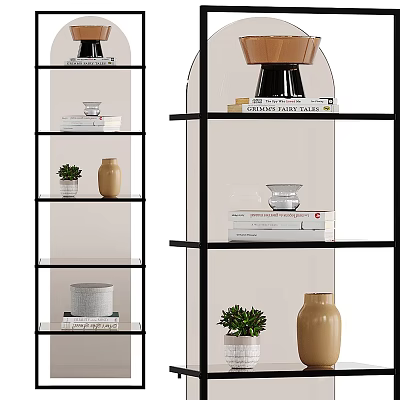 Modern Black Metal Frame Glass Shelf With Vases Books Plants And Decorations 3d model