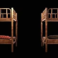 Old Rusted Bunk Beds With Mattresses And Blankets In Dim Room