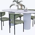 Oval White Marble Dining Table Set With Green Upholstered Chairs And White Base 3d model