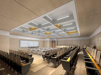 School Modern Classroom Interior With Rows Of Desks And Chairs Whiteboard Ceiling Design And Lighting 3d model