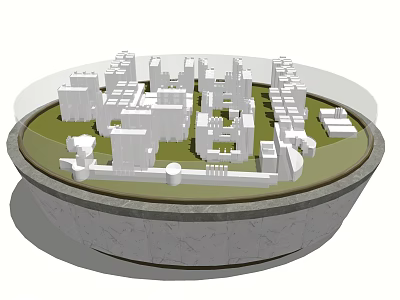 Urban City Model With White Buildings On Circular Base And Green Area 3d model