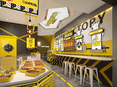 Happy Factory Food Shop Yellow And Black Interior With Display Counter Stools And Pendant Lights 3d model