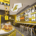 Happy Factory Food Shop Yellow And Black Interior With Display Counter Stools And Pendant Lights