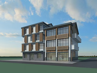 Modern Style Guesthouse Building With Multi Story Structure Large Glass Windows And Wooden Accents 3d model