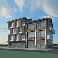 Modern Style Guesthouse Building With Multi Story Structure Large Glass Windows And Wooden Accents