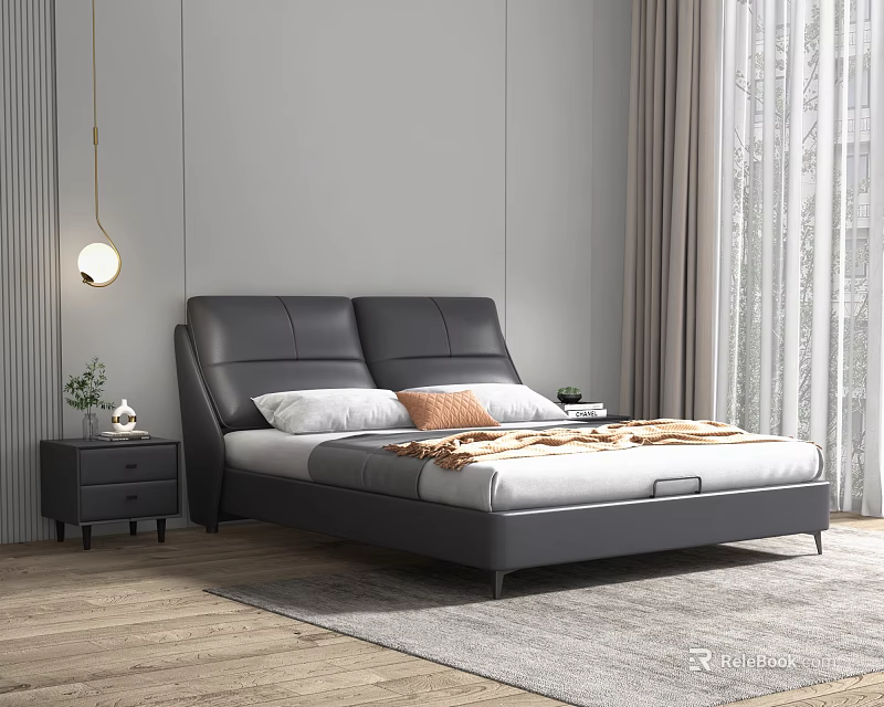 Modern Leather Double Bed with Upholstered Headboard Nightstand and Table Lamp 3d model 