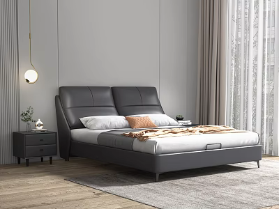Modern Leather Double Bed with Upholstered Headboard Nightstand and Table Lamp 3d model