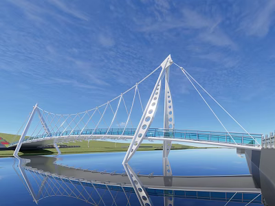 Modern Cable Stayed Bridge With White Steel Glass Railings Water Reflection Blue Sky Green Grass 3d model
