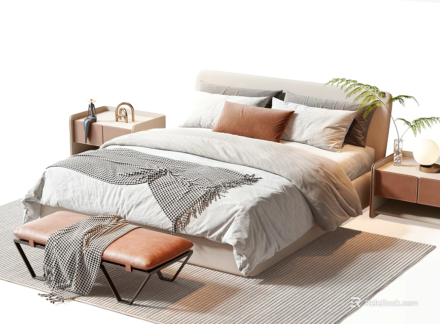 Double Bed With Gray Comforter Brown Cushions Nightstands Table Lamp Green Plant Bench Striped Rug 3d model 
