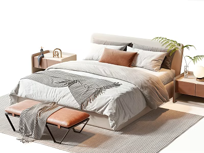 Double Bed With Gray Comforter Brown Cushions Nightstands Table Lamp Green Plant Bench Striped Rug 3d model