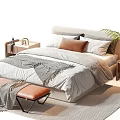 Double Bed With Gray Comforter Brown Cushions Nightstands Table Lamp Green Plant Bench Striped Rug